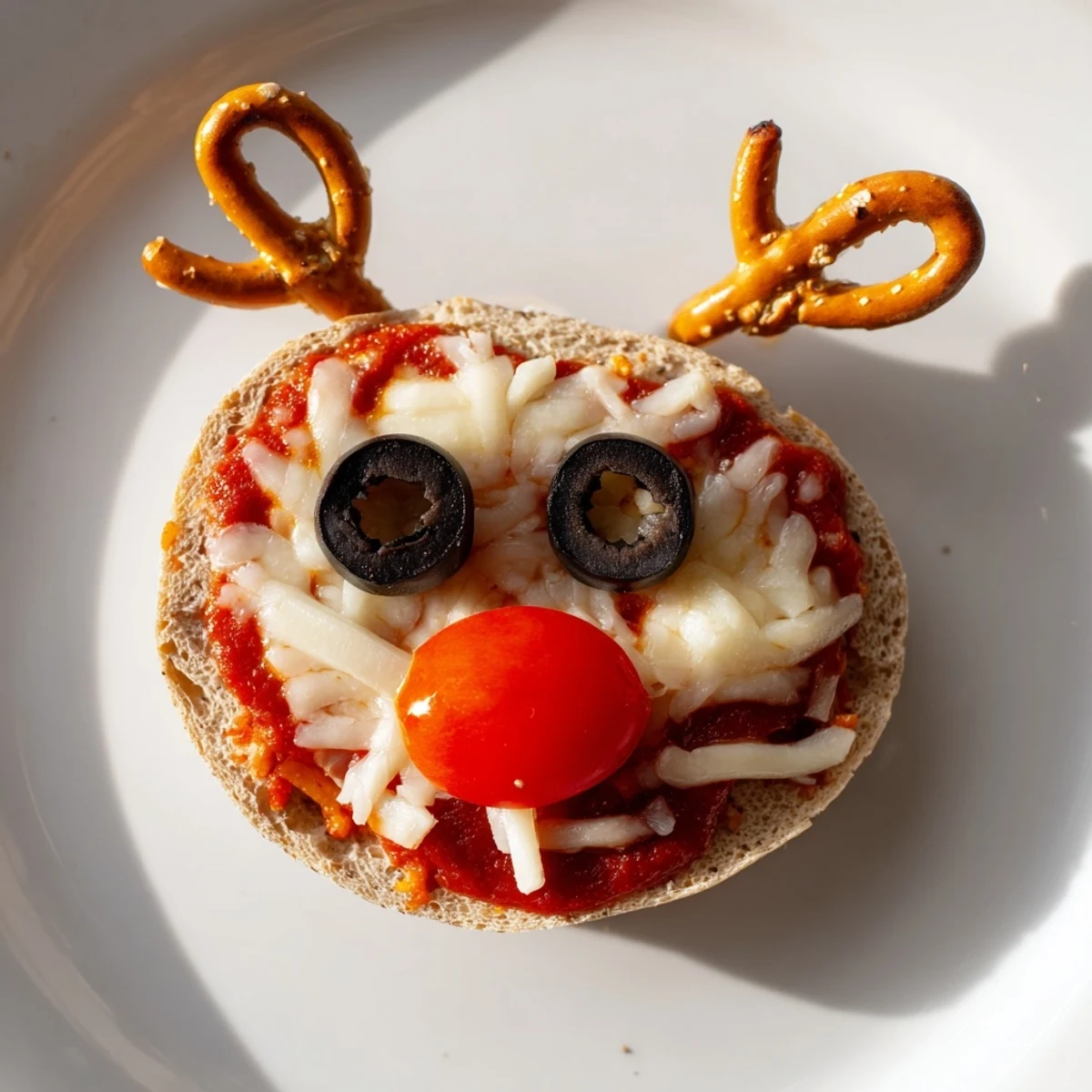 These kid-friendly Reindeer Face Pizza Bagels feature melted cheese, olive eyes, and pretzel antlers; delicious!