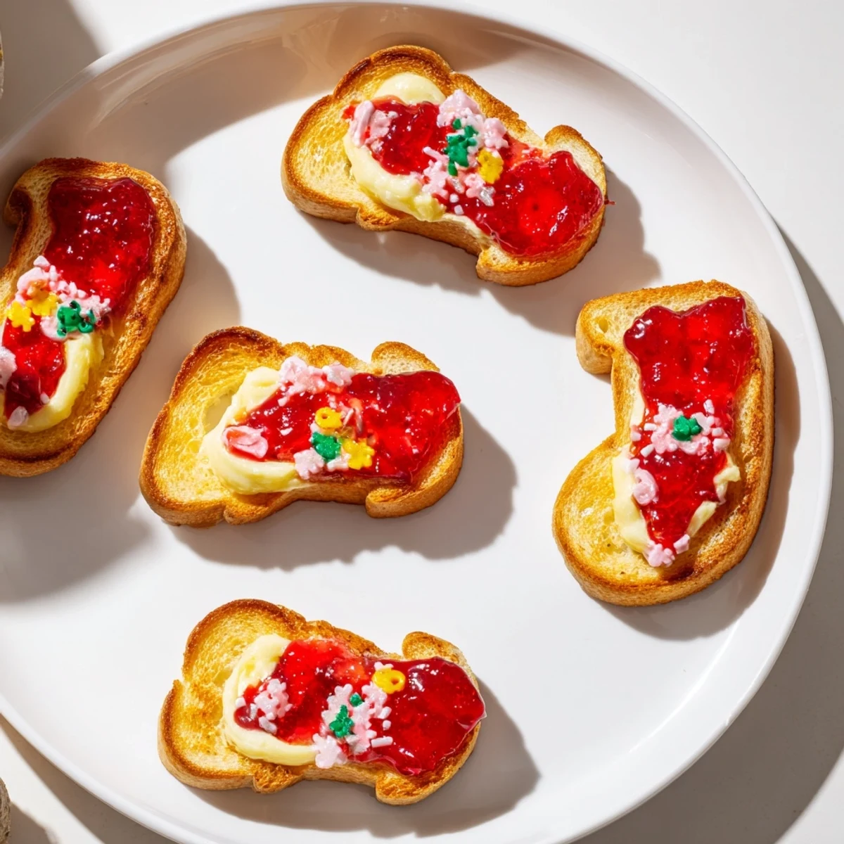 Golden-brown elf shoe toast bites arranged on a board, perfect for dipping or spreading with jam.