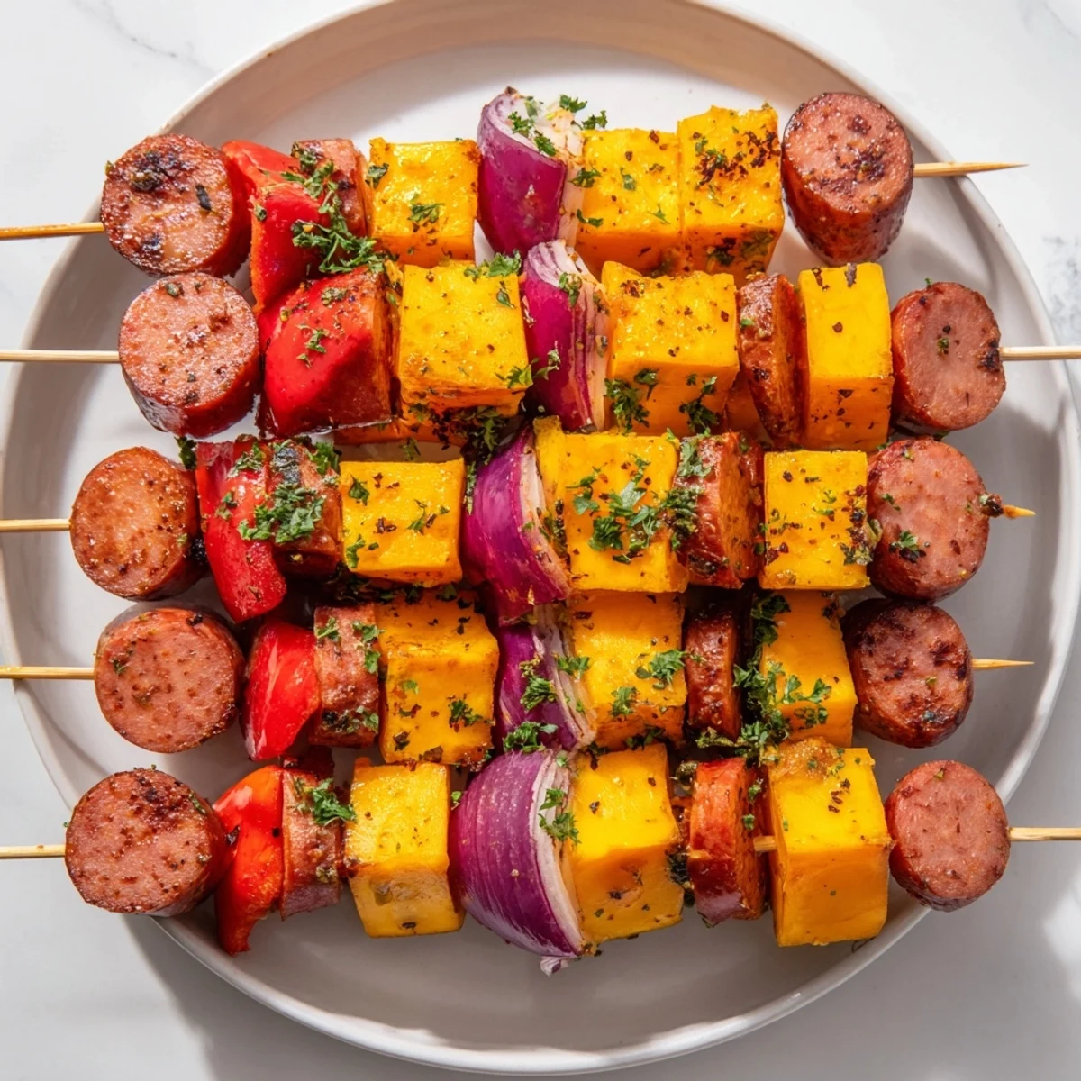 Enjoy grilled Savory Skewers: Chimney Stack Sausage and Cheese: warm sausage and melty cheese.