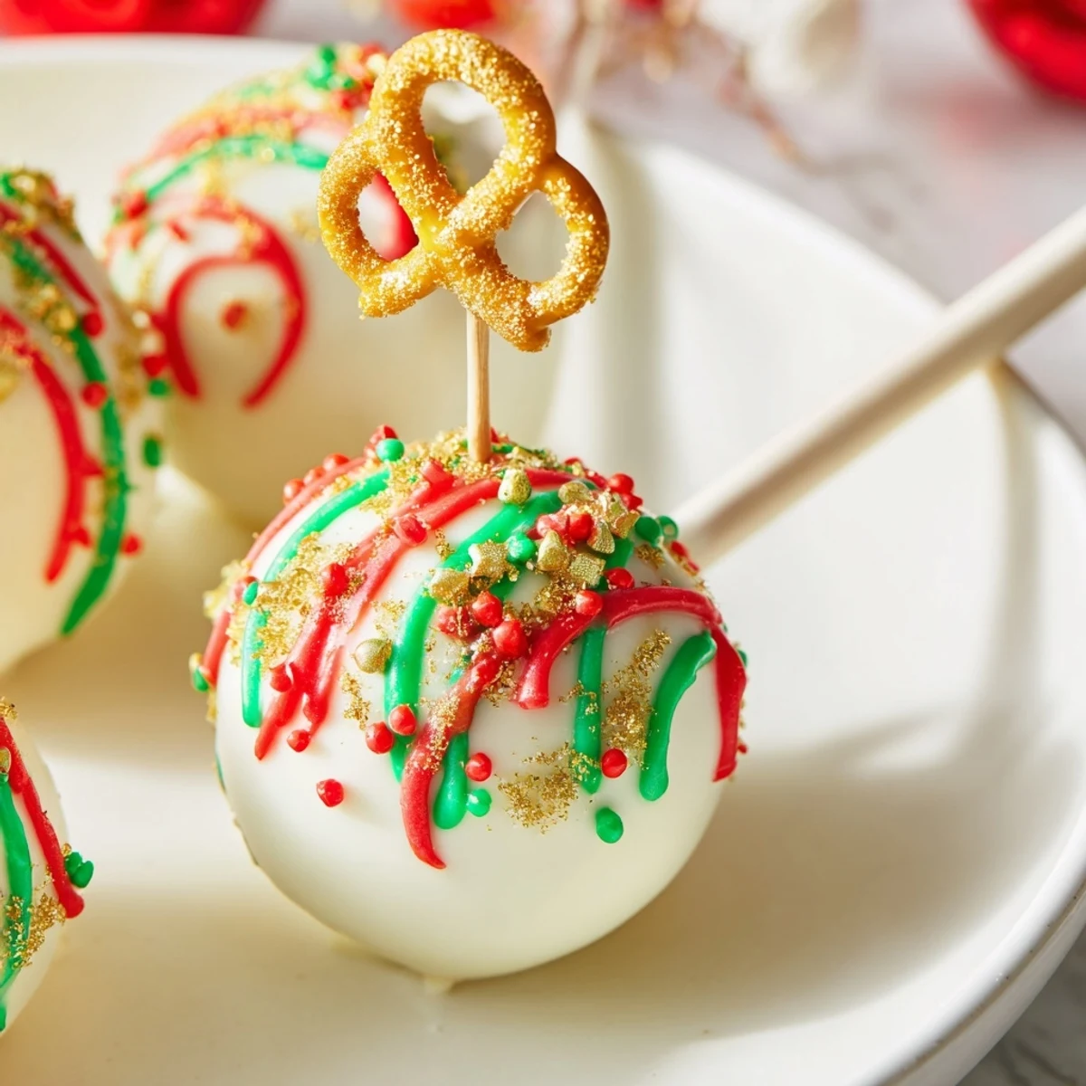 A close-up of glittering ornament ball cake pops, offering a delicious and easy dessert idea.