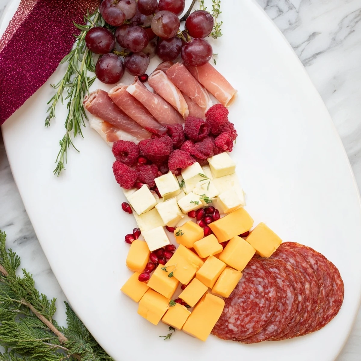 Festive Meat & Cheese Stocking Charcuterie Board, overflowing with cured meats, cheeses, fresh fruits, and olives.