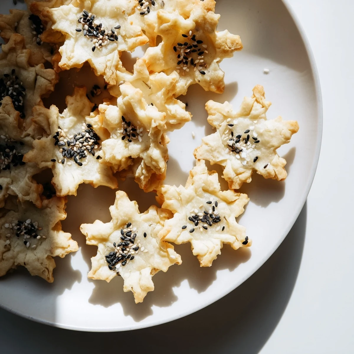 Close-up of freshly baked Gourmet Crackers: Snowflake Cutout Cracker Board with varied flavors and textures.