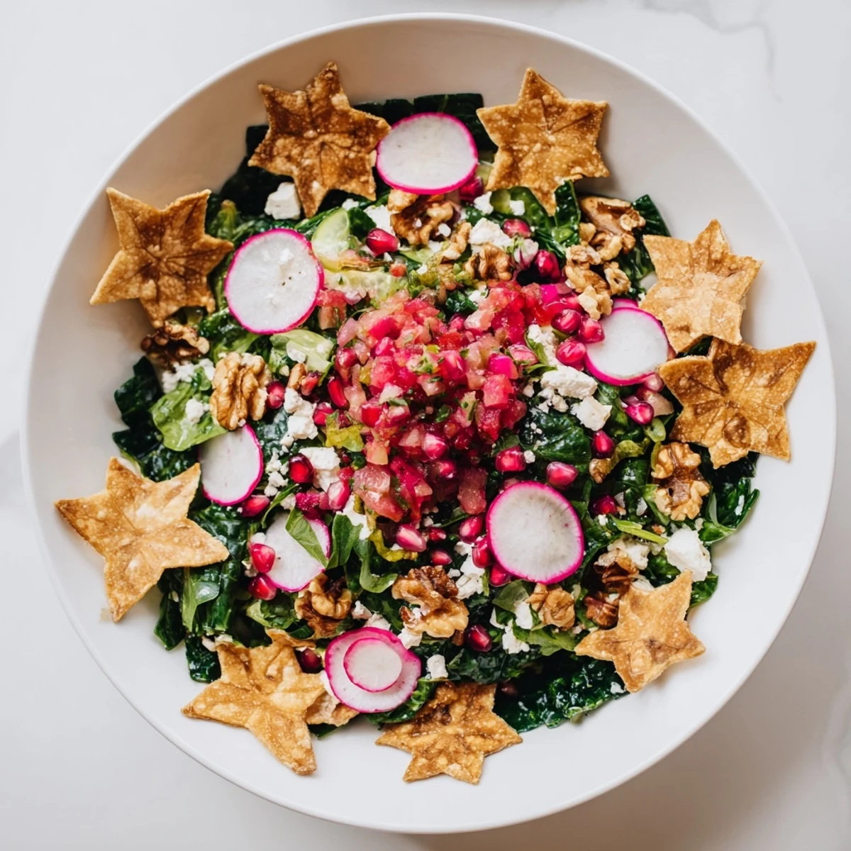Golden snowflakes: Winter Salad with tortilla chips, colorful vegetables and vibrant salsa.