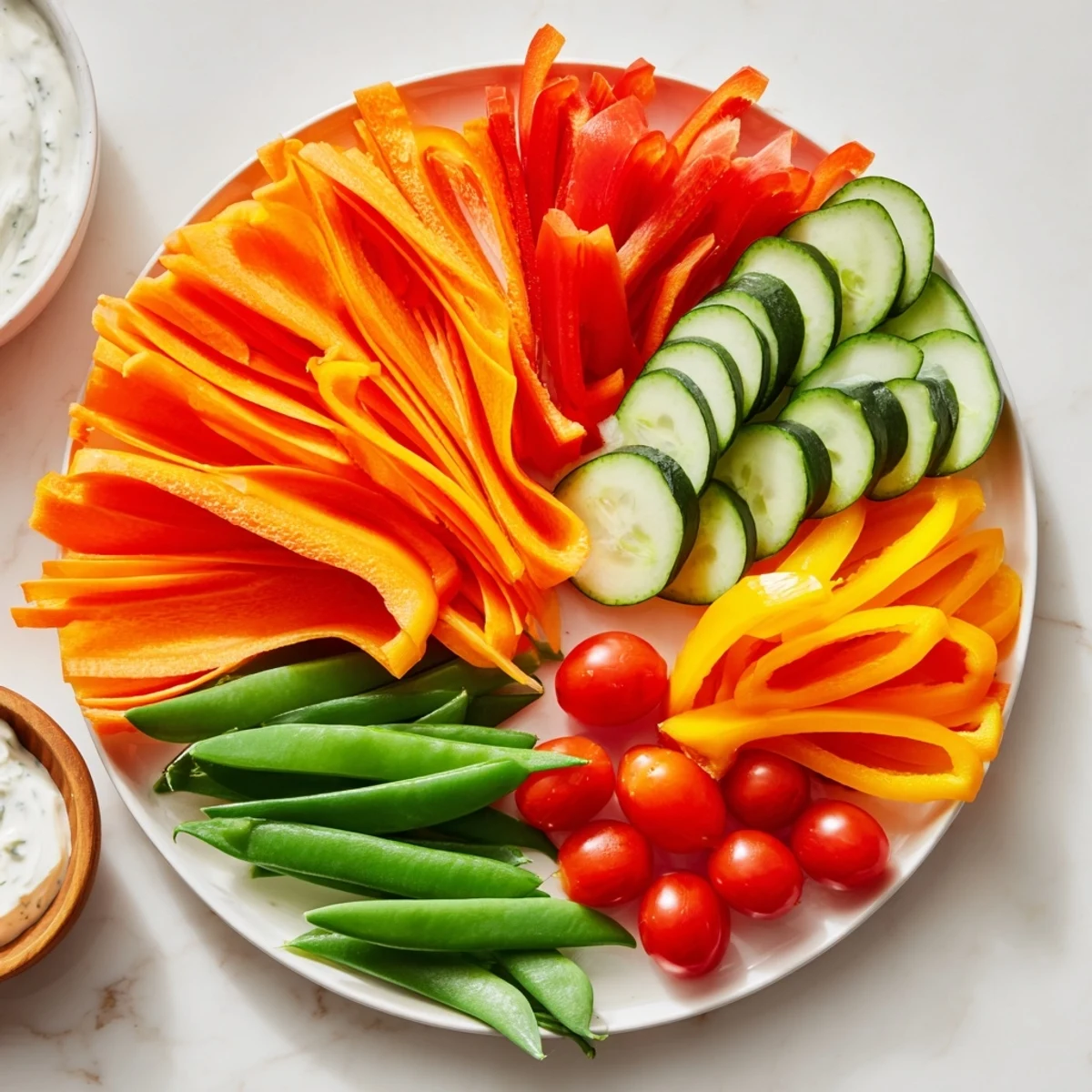 This veggie platter showcases a beautifully arranged fan, perfect for a healthy appetizer.