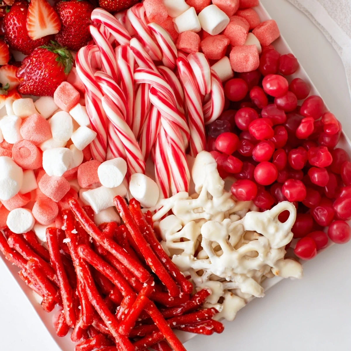 A close-up of a sweet board: red and white candy stripe treats with fresh strawberries and tasty candy.
