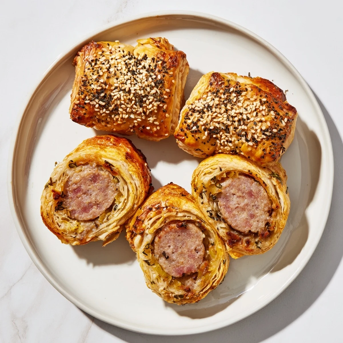 Flaky pastry surrounds delicious herbed sausage in this easy mini sausage roll wreath.