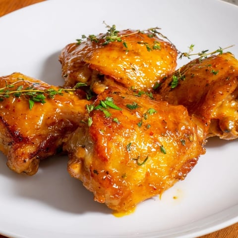 Golden, juicy Bavarian sweet mustard chicken thighs, fresh from the oven, ready to serve with parsley.
