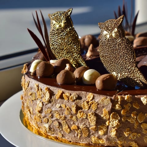 A cross-section of Plaisirs Sucrés Hibou de la Nuit entremets, showing layers of chocolate mousse.