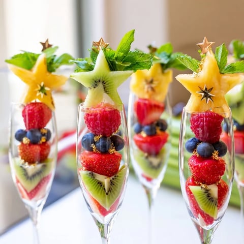 Festive Champagne Flute Fruit Garnishes featuring sliced strawberries, kiwi, and pineapple ready to enjoy.