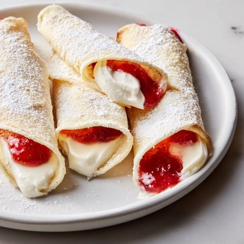 Schneeflocken-Tortilla-Wraps, gefüllt mit cremigen Käse, leckerem Gelee und Puderzucker bestreut.