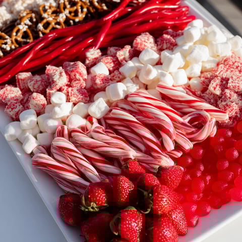 Festive sweet board with a red and white candy stripe treat, overflowing with delicious holiday sweets.