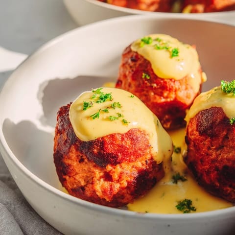 Warm, oven-baked German meatballs, coated in a rich mustard sauce, perfect for dinner tonight.