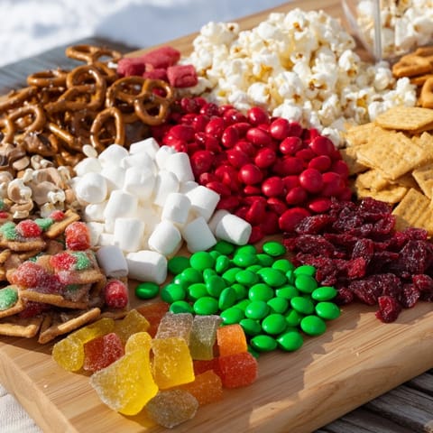 Festive Elf Snack Trail Mix Board brimming with colorful candies, pretzels, and savory treats for sharing.