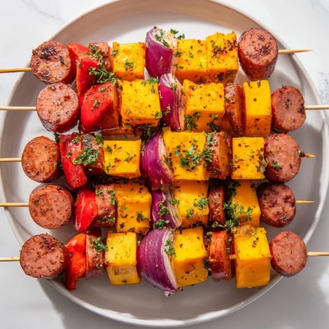 Enjoy grilled Savory Skewers: Chimney Stack Sausage and Cheese: warm sausage and melty cheese.