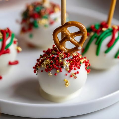 Festive and colorful ornament ball cake pops, ready for a holiday celebration, are beautifully displayed.