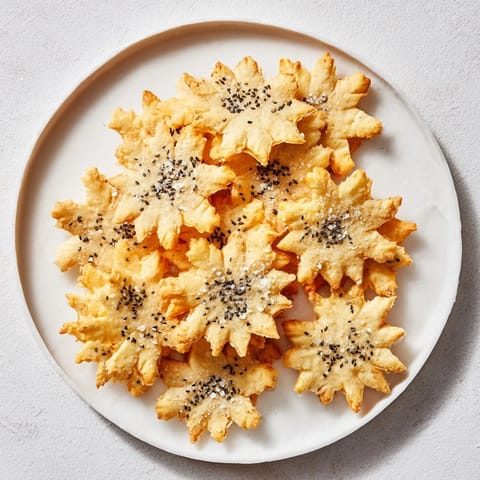 Golden, snowflake-shaped Gourmet Crackers; perfect for a holiday cheese board, with flaky salt glistening.