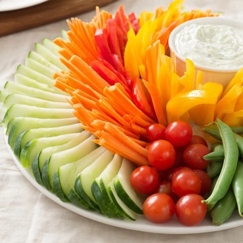 A colorful veggie platter displays fresh cucumber and carrot slices with a creamy yogurt dip.