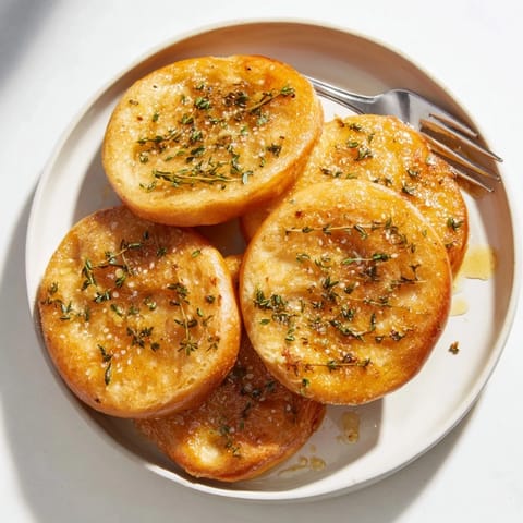 Freshly baked Simple Bread baguette slices, perfect appetizers, lightly brushed with olive oil and herbs.
