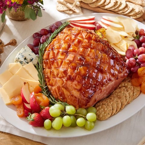 Dieses verführerische Glazed Ham Centerpiece Board ist mit verschiedenen Leckereien angerichtet und einladend.