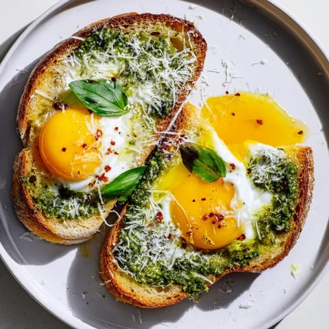 Fresh Pesto Egg Toast: A close-up of jammy eggs on pesto-covered sourdough, ready to eat.