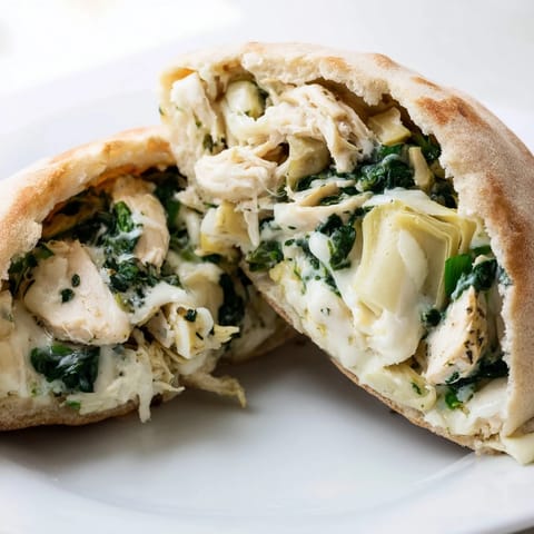 Spinach Artichoke Chicken Stuffed Pita mit cremiger Füllung und knusprigem Teig.