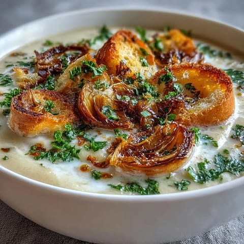 Rustikaler Topf mit cremigem Roasted Garlic Soup, garniert mit frischem Petersilienkraut und goldenen Croutons auf einer hölzernen Arbeitsfläche.  