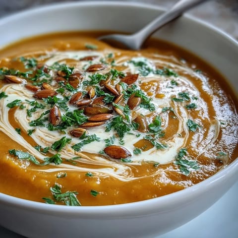 Cremige Butternut-Kürbis-Apfel-Suppe, serviert mit einem Hauch von Zimt und Muskatnuss.