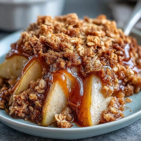 Ein warmes Pear Crumble serviert mit schmelzender Vanilleeiscreme auf dem Dessertteller.  