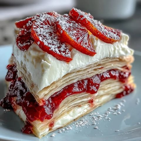 Ein gestapeltes Blut-Orange-Curd-Crêpe-Cake auf einem Teller, garniert mit Orangenscheiben und Zitronenzesten.