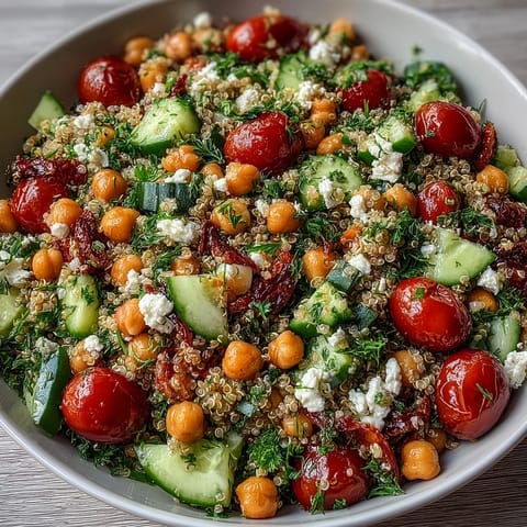 Bunte High Protein Quinoa & Chickpea Salad Schüssel mit Tomaten, Gurken und Zitronenvinaigrette