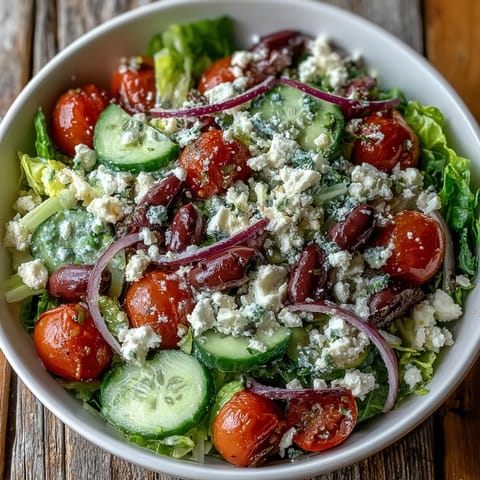 In einer weißen Schüssel servierter griechischer Salat mit cremigem Feta, schwarzen Oliven, Tomaten und Gurken – perfekt für Sommer-Picknicks.