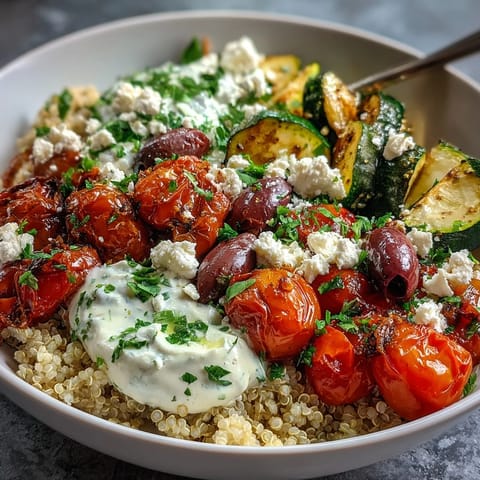Farbenprächtige Mediterrane Buddha Bowl mit fluffigem Quinoa, geröstetem Gemüse, Hummus und Feta.