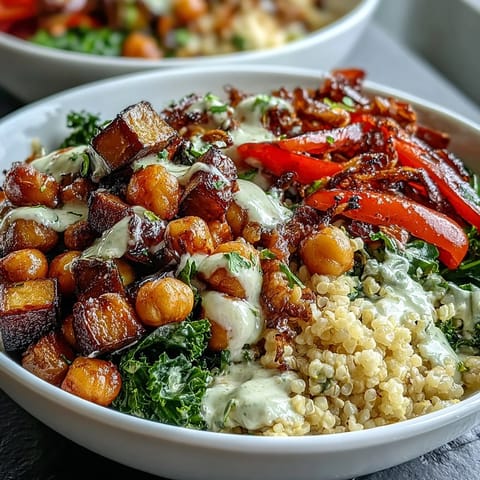 Leckeres Mediterranean Buddha Bowl Meal Prep mit goldbraunem Bulgur, Kürbisscheiben, gedünstetem Grünkohl und knusprigen Kichererbsen, übergossen mit zitroniger Tahini-Soße.