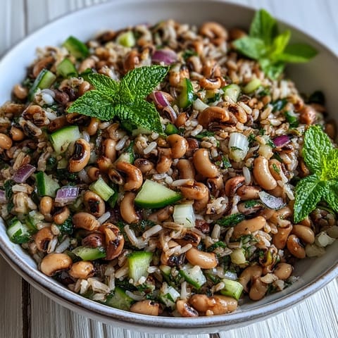 Gewürzte Southern Black Eyed Pea Salad mit zitroniger Vinaigrette auf beigem Reis.