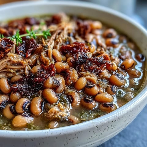 Smoked turkey leg shredded into tender bites mixed into creamy black-eyed peas, ready to serve over fluffy white rice.