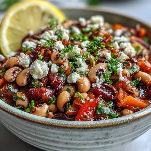 Greek-Style Slow Cooker Black-Eyed Peas simmered with tomatoes, oregano, and paprika in a bubbling crockpot.
