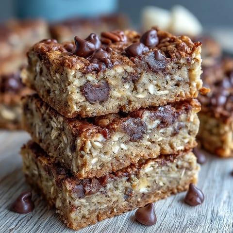 Chewy banana baked oatmeal bars served warm on a plate with a drizzle of maple syrup.
