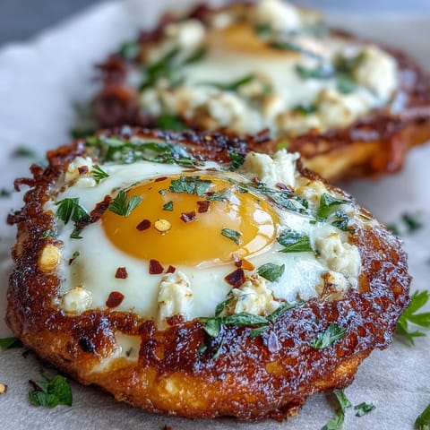 Goldene Crispy Feta Fried Eggs auf knusprigem Toast