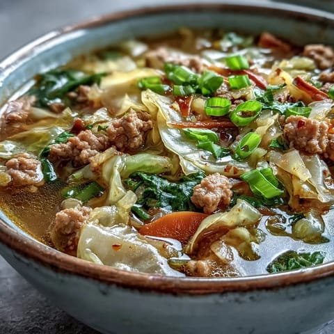 Wärmende Cozy One-Pot Egg Roll Soup mit geröstetem Schweinefleisch und geschmolzenen Eiernolieneinschwüngen dampft in einer Schüssel.