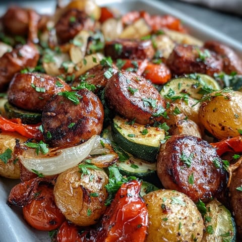 Farbenfrohes Sheet Pan Abendessen: Smoky Sheet Pan Sausage & Veggies mit glasierten Zwiebeln, Tomaten und würziger Wurst, flankiert von gewürzter, warmer Naan für den perfekten Dip.