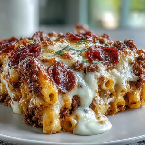 Goldbrauner High-Protein Pizza Pasta Bake griecht aus dem Ofen mit geschmolzenem Mozzarella und Pepperoni.