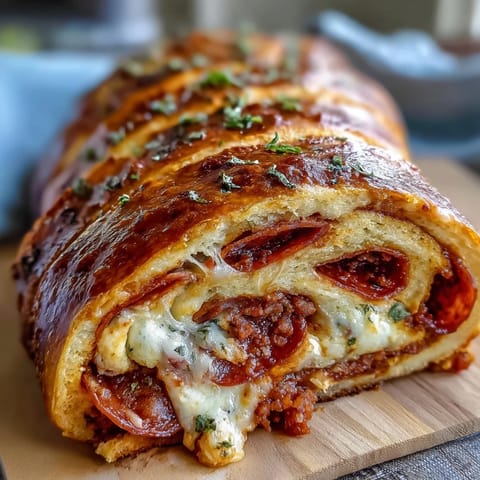 Ein aufgeschnittener Baked High-Protein Pepperoni Stromboli zeigt Füllung aus Rindfleisch und Pepperoni.