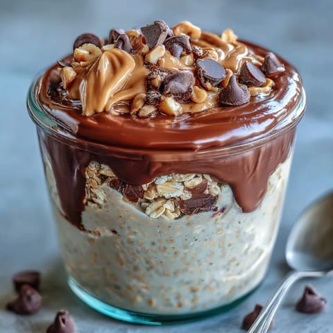 Frühstücks-Jars mit Peanut Butter Cup Overnight Oats, Schokoglasur und knackigen Erdnüssen als Topping.