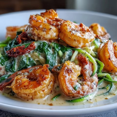 A pan of Keto Creamy Garlic Tuscan Shrimp with Zucchini Noodles garnished with fresh parsley and Parmesan.