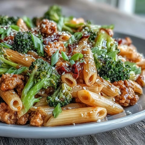 Nahaufnahme von Sweet & Spicy Turkey Broccoli Pasta mit knackigem Brokkoli und Sesam