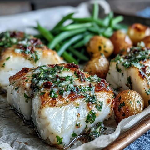 Im Ofen gebackener Lachs in Knoblauch-Butter mit grünen Bohnen und Baby-Kartoffeln auf einem Teller.