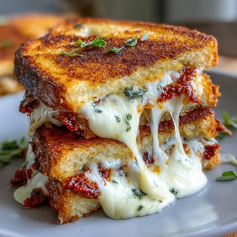 1. Sonnengetrocknete Tomaten-Pesto-Grillkäse-Sandwich mit geschmolzenem Mozzarella auf goldbraunem Toastbrot