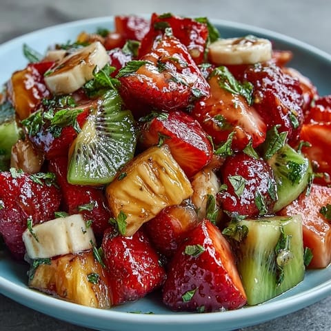 2. Saftige Ananas, Mango und Papaya mit Minzlimettendressing in einer Schüssel – ein leichtes, veganes Dessert.  