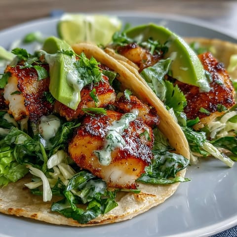 1. Zitronig gewürzte Fisch-Tacos mit knackigem Krautsalat, cremiger Avocado und frischem Koriander-Dip in warmen Tortillas.