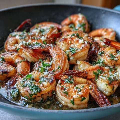 2. Saftige Garnelen in cremiger Knoblauchbutter, mit gehackter Petersilie bestreut und mit Zitronenspalten serviert.  